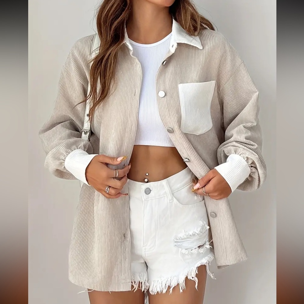 Women's Beige Neutral Nude Corduroy Shacket Jacket - Picture 3 of 3